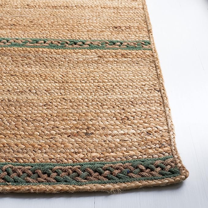 SAFAVIEH Natural Fiber Collection Area Rug - 6' x 9', Natural & Green, Handmade Stripe Boho Farmhouse Rustic Braided Jute, Ideal for High Traffic Areas in Living Room, Bedroom (NFB262Y)