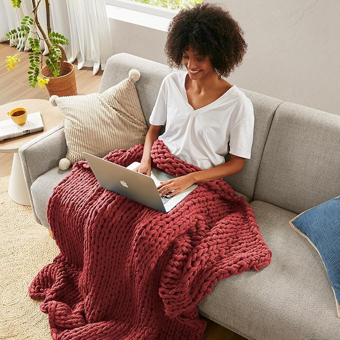 Madison Park Boho Throw Blanket, Soft Blanket Handmade Gift Home Decor, Lightweight & Breathable All Seasons Spring Chunky Knit Blanket, Knitted Throw for Couch, Bed Blanket, 50"x60" Red