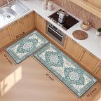 Boho Kitchen Mats for Floor 2 Piece Set Anti Fatigue Cushioned PVC Kitchen Rugs Non Slip Waterproof Farmhouse Mats 2/5 Inch Comfort Standing Mat for Sink, Laundry, 17.3"x47"+17.3"x28", Blue Green