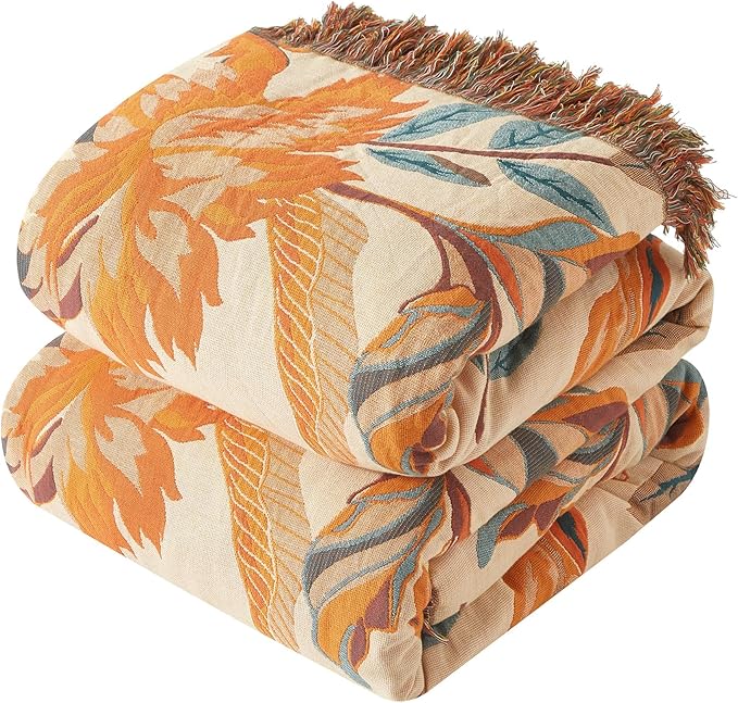 Boho Throw Blanket for Couch Sofa Bed, 100% Cotton Woven Quilt with Tassel 60”x80”, Super Soft Muslin Blanket with Floral Printed, Decorative Reversible Bed Blanket/Cover for All Seasons