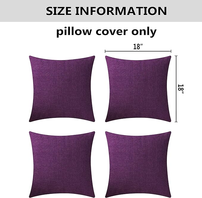 Home Brilliant Purple Pillow Covers Decorative Lined Linen Square Pillow Cases Throw Pillows for Couch Sofa Bed, Set of 4, 18 inch