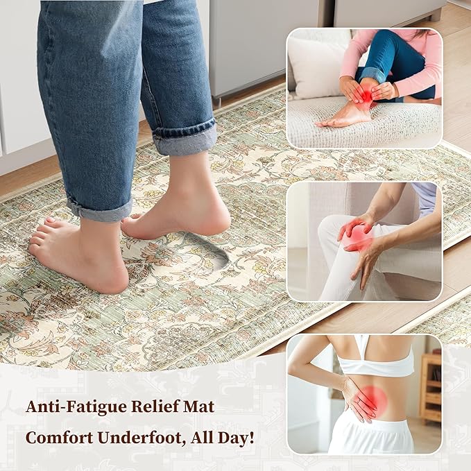 Boho Kitchen Mats for Floor 2 Piece Set Anti Fatigue Cushioned PVC Kitchen Rugs Non Slip Waterproof Farmhouse Mats 2/5 Inch Comfort Standing Mat for Laundry, 17.3"x59"+17.3"x28", Green Orange Beige