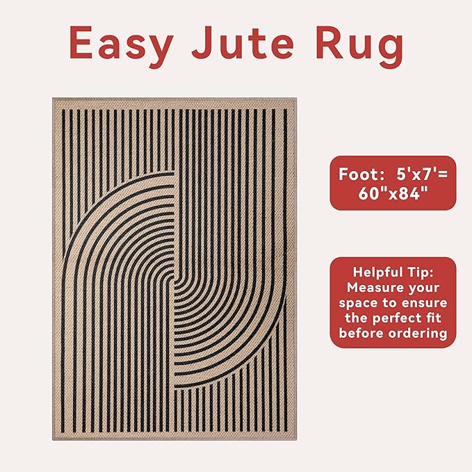 Tangsoo Rainbow Easy Jute Rug 5x7 Large Washable Area Rug for Living Room,Black Non-Slip Thin Outdoor Rug,Modern Farmhouse Indoor Carpet for Dining Room Table Bedroom Patio