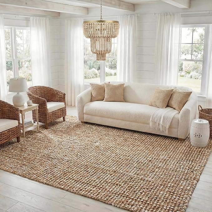 SAFAVIEH Area Rug 8x10 - Natural Fiber Collection - Large - Natural & Ivory, Handmade Chunky Textured Jute, Thick (NF447N)