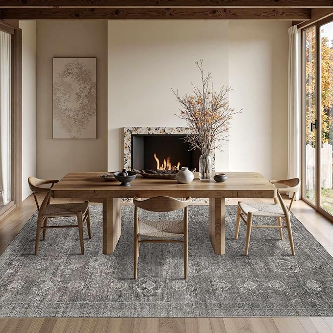 6x9 Area Rugs for Living Room Bedroom, Large Washable Rug, Grey Vintage Retro Boho Rug, Non Slip & Low Pile Faux Wool Thin Carpet for Indoor Dining Room and Kids Room(Taupe/Grey 6x9ft)