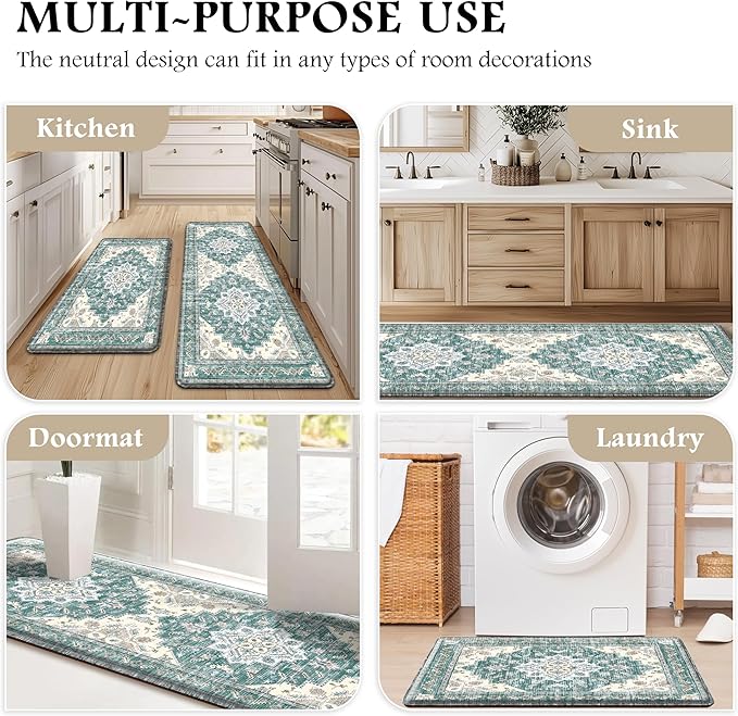 Boho Kitchen Mats for Floor 2 Piece Set Anti Fatigue Cushioned PVC Kitchen Rugs Non Slip Waterproof Farmhouse Mats 2/5 Inch Comfort Standing Mat for Sink, Laundry, 17.3"x59"+17.3"x28", Blue Green