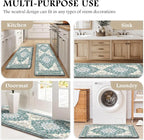 Boho Kitchen Mats for Floor 2 Piece Set Anti Fatigue Cushioned PVC Kitchen Rugs Non Slip Waterproof Farmhouse Mats 2/5 Inch Comfort Standing Mat for Sink, Laundry, 17.3"x47"+17.3"x28", Blue Green