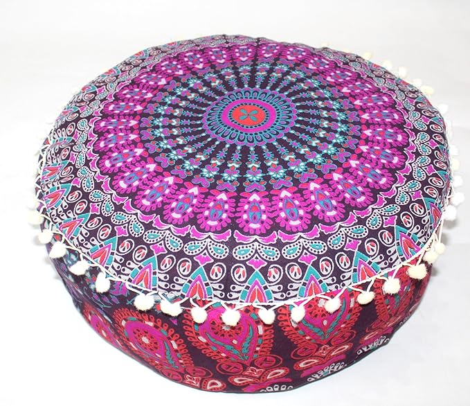 CRAFT KALA Pink Peacock Large Hippie Mandala Meditation Floor Ottoman Pillow Cushion Pouf Cover Square Poufs Bohemian Circle Floor Cushion Case Outdoor Fireplace Yoga Living Room Decor Cover 16" Round