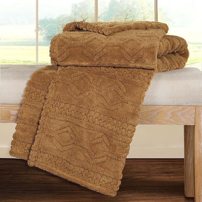 Superior Fleece Boho Jacquard Blanket, Decorative Blankets for Bedroom, Sofa, Fuzzy, Plush, Fluffy, Soft, Cute Room Decor, Beautiful Cover, Comfort Essentials, Arctic Collection, Throw XL, Camel