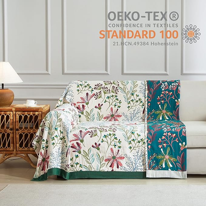Boho Throw Blanket for Bed 80”x90”, 100% Cotton Woven Blanket for Couch Sofa, Ultra Soft 4-Layer Muslin Quilt with Floral Printed, Farmhouse Bed Blanket/Cover for Living Room Decor