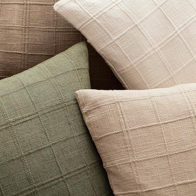 Foindtower Set of 2 Decorative Linen Check Throw Pillow Covers Neutral Farmhouse Lumbar Cushion Covers Modern Boho Home Decor for Sofa Chair Couch Bedroom Living Room,12×20 Inch,Sage Green