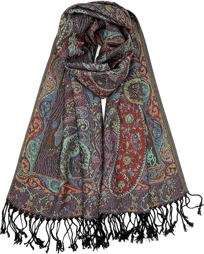 Achillea Reversible Paisley Pashmina Rave Scarf – Exotic Indian Shawls and Wraps for Evening Dresses, Festivals, All Seasons