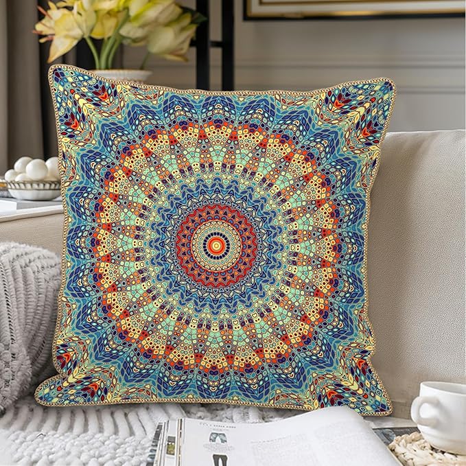 KSLIDS Boho Mandala Floral Soft Velvet Throw Pillow Covers Set of 2 Navy Blue Orange Flower Decorative Pillow Covers 16x16 Inch Abstract Retro Pillow Case for Sofa Couch Outdoor Modern Home Decor
