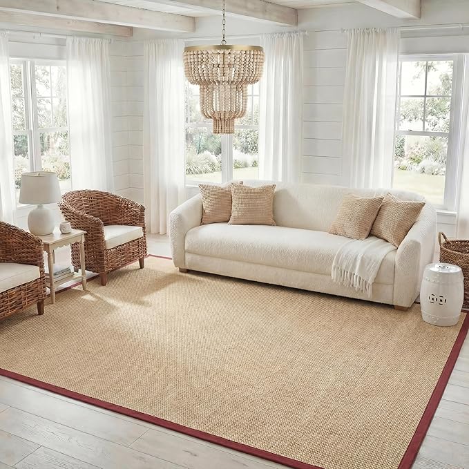 SAFAVIEH Area Rug 8x10 - Natural Fiber Collection - Large - Maize & Burgundy, Sisal, Woven Design with Border (NF141D)