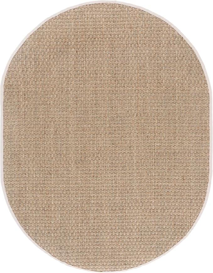 SAFAVIEH Area Rug 6x8 Oval - Natural Fiber Collection - Natural & Ivory, Seagrass, Basketweave Pattern with Border (NF114J)