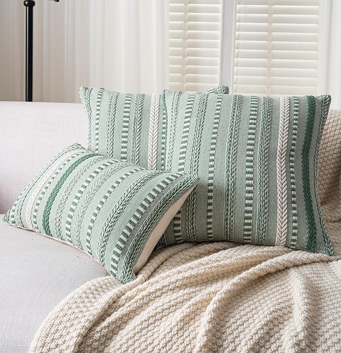 Boho Throw Pillow Covers 20x20 Inch Set of 2, Farmhouse Decorative Couch Pillow Cases, Light Green Accent Pillows of Bed, Sofa Bedroom Living Room Home Decor Cushion Cover