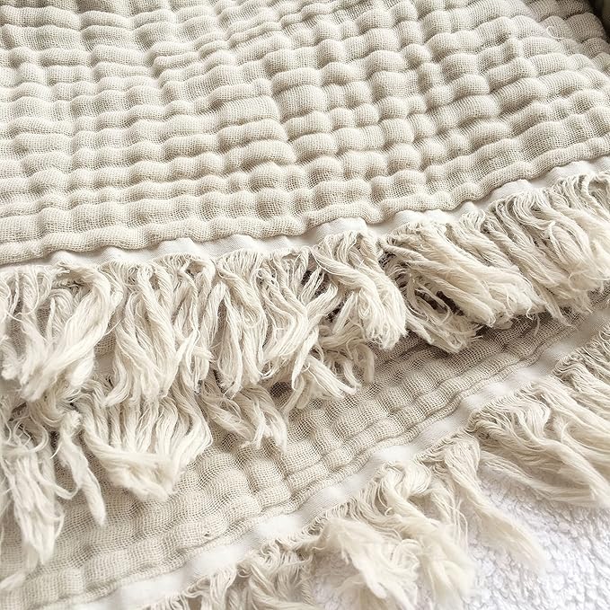 KyraHome 100% Organic Cotton Throw Blankets, 90"x90", Pre-Washed Plant Dyed, Breathable Lightweight Soft Gauze Muslin Blankets for Adults, All Season, Oatmeal Khaki
