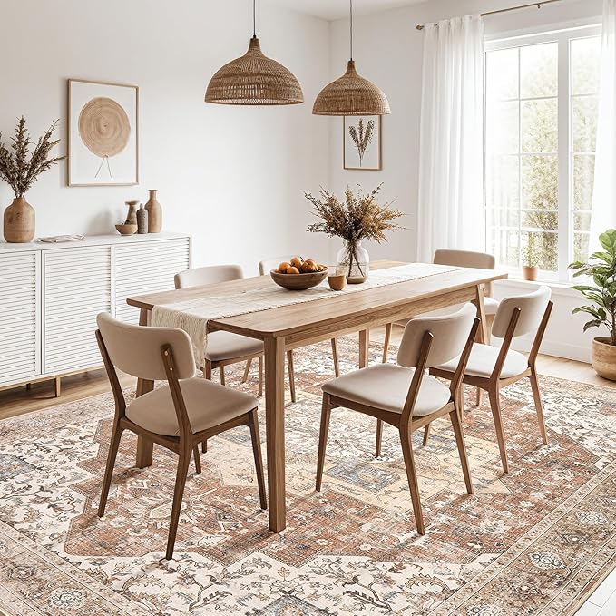 Washable Rug 9x12 Area Rugs: Boho Vintage Distressed Oriental Medallion Neutral Thin Large Rug Carpet for Living Room Bedroom Dining Room Home Office Decor - Brick Red