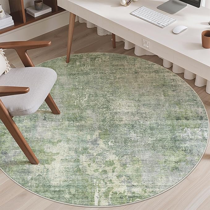 5x5 Green/Ivory Round Rug 5ft Living Room Circle Rug Vintage Round Area Rug Non Slip Indoor Carpet for Entryway Dining Room Bedroom