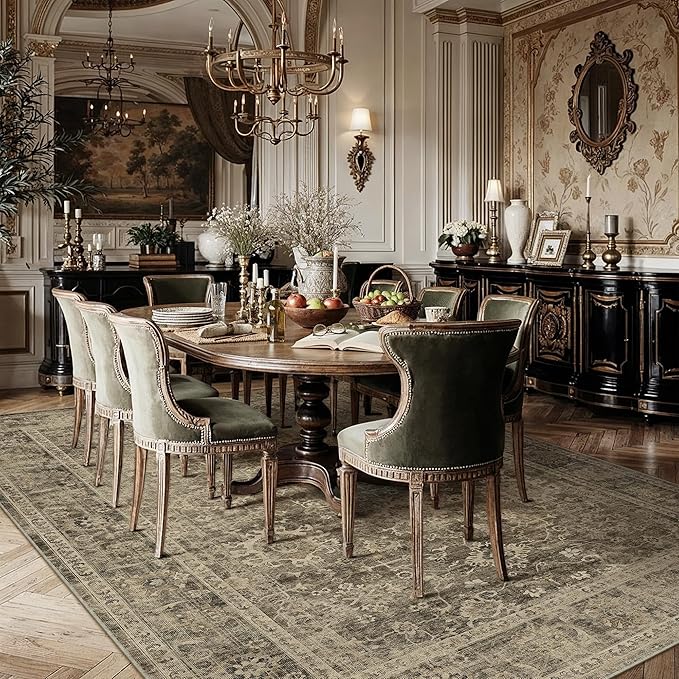 10x14 Brown Vintage Area Rug for Living Room Bedroom Large Distressed Rustic Carpet Non-Slip Low Pile Soft Washable Throw Rug for Indoor Dining Room