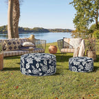 Indoor/Outdoor Inflatable Ottoman, Water Repellent Round Foot Rest Ottomans D31 x H14 inch, Portable Footstool for Patio Garden Camping or Home, Elegant Vines Navy