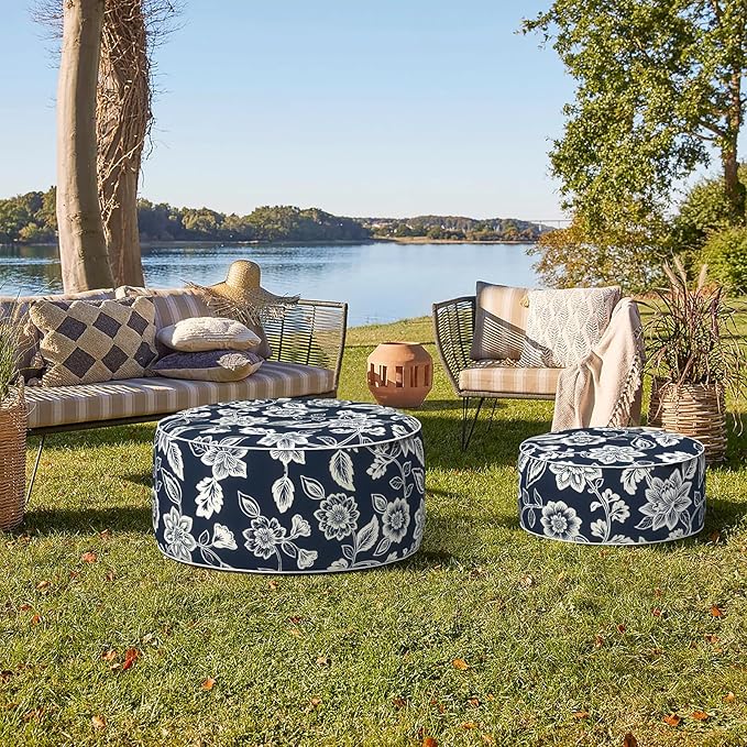 Indoor/Outdoor Inflatable Ottoman, Water Repellent Round Foot Rest Ottomans D31 x H14 inch, Portable Footstool for Patio Garden Camping or Home, Elegant Vines Navy