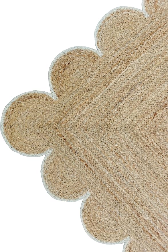 Scalloped Natural Jute Area Rug, Off White Trim, 8'x10'