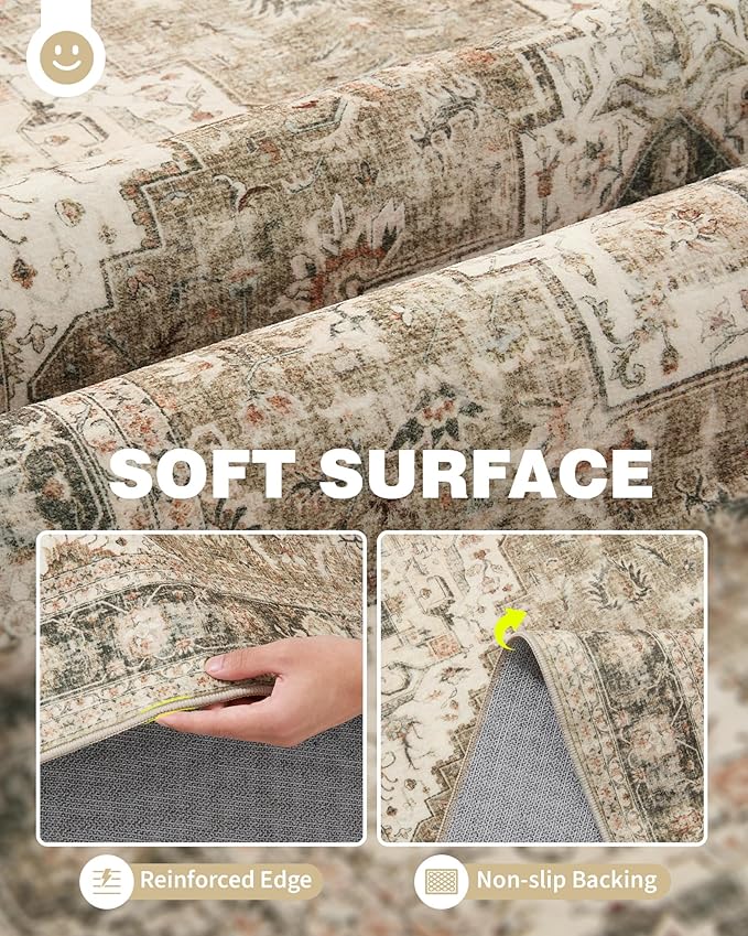 Washable Rugs 9x12, Large Area Rugs 9x12 Living Room with Non-Slip Backing, Super-Soft Floral Vintage Rug, Low Pile Area Rug for Bedroom, Dining Room, Office (Brown/Beige, 9'x12')