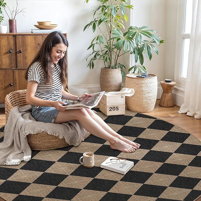 Checkered Round Rugs 6ft, Outdoor Patio Easy Jute Rug Indoor Outdoor Circle Carpet, Farmhouse Nature Textured Diamond Non Shedding Non Slip Washable Black Carpet for Living Room Entry Deck