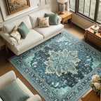 Area Rugs Square 6ft Washable Non-Slip, Floral Vintage Distress Print Pattern Medallion Carpet for Living Room Bedroom Dining Room, Teal Green Lake Blue Turquoise