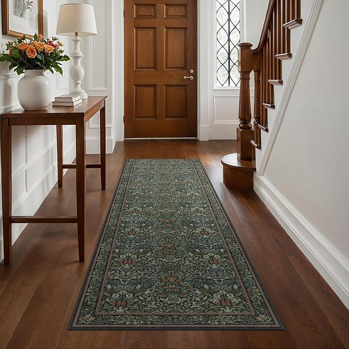 GENIMO Washable Floral Runner Rug 2x8, Non-Slip Long Hallway Carpet for Entryway, Kitchen, Indoor Floor Use, Vintage Boho Soft Thin Rug Décor, Dark Green