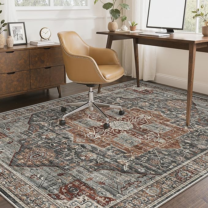 3x5 Area Rug - Washable Kitchen Rugs Non Slip,Soft Low Pile Small Rug for Entryway, Stain Resistant Vintage Area Rugs for Home Decor(Grey/Brown/Tan, 3'x5')