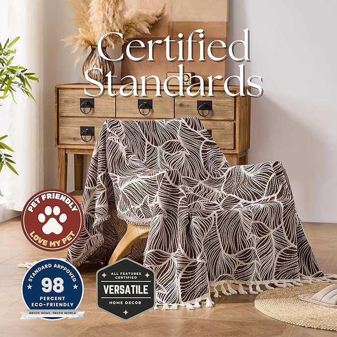 DOWN HOME Chenille Cotton Throw Blanket for Couch, Lightweight Boho Blanket for Bed Sofa Chair Living Room Outdoor Soft Woven Decorative Blanket with Tassel Gift Brown Leaves 50"x70"