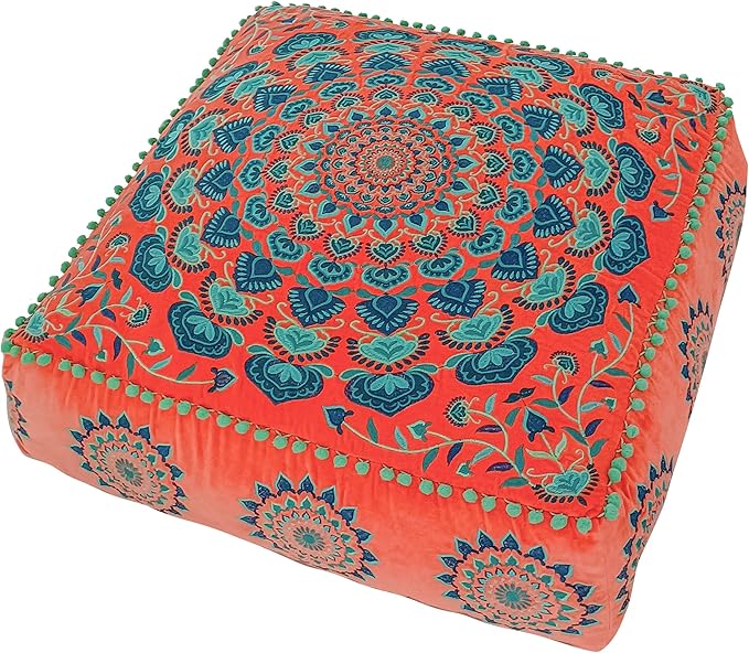 Mandala Life ART Orange Velvet Pouf Cover - Soft Sqare Floor Pillow - Embroidered Ottoman Slipcovern, 24x24x8 Inches, Ideal for Living Room, Bedroom, or Meditation Space - Boho Decor Cushion