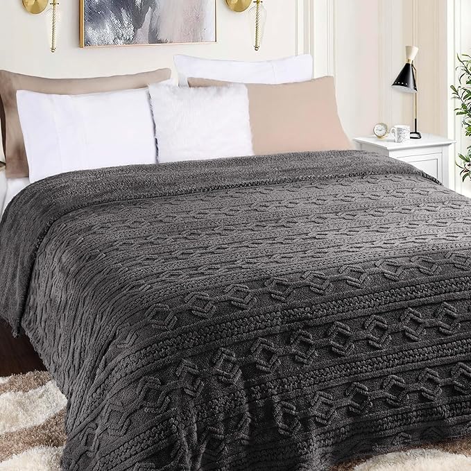 Superior Fleece Boho Jacquard Blanket, Decorative Blankets for Bedroom, Sofa, Fuzzy, Plush, Fluffy, Soft, Cute Room Decor, Beautiful Cover, Comfort Essentials, Arctic Collection, Twin, Charcoal