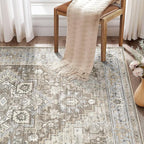 Washable Rug 7x9 Area Rugs: Boho Vintage Distressed Oriental Medallion Neutral Thin Large Rug Carpet for Living Room Bedroom Dining Room Home Office Decor - Brown Gray