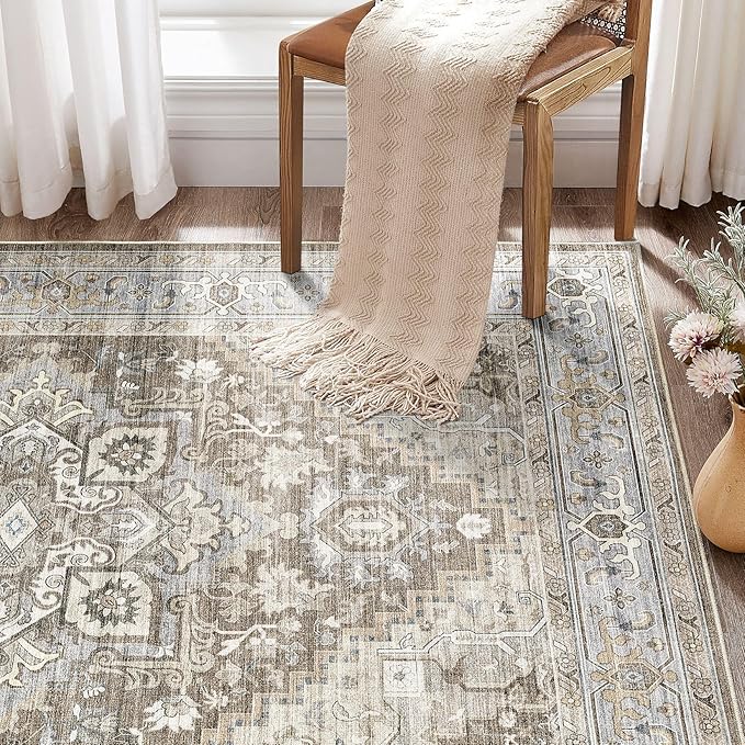 Washable Rug 7x9 Area Rugs: Boho Vintage Distressed Oriental Medallion Neutral Thin Large Rug Carpet for Living Room Bedroom Dining Room Home Office Decor - Brown Gray