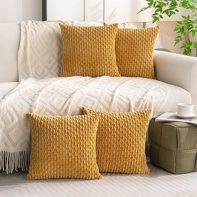 Set of 4 Mustard Yellow Decorative Throw Pillow Covers 22x22 Inch Corduroy Pillow Covers for Bed Couch Sofa Living Room Soft Square Cushion Cases