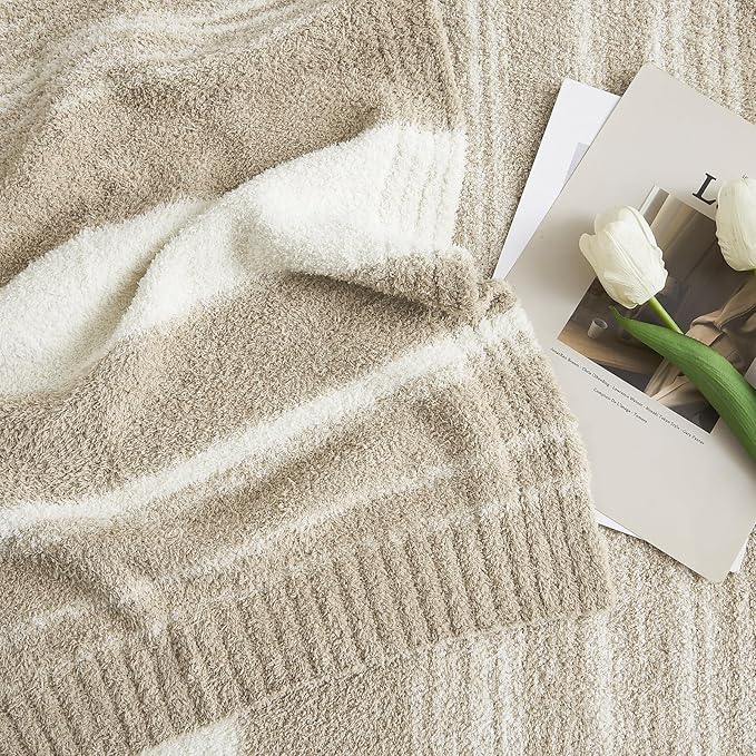 WRENGONGE Khaki Throw Blanket, 60x80 Soft Cozy Striped Throw Blankets for Couch, Sofa, Bed, Travel, Lightweight Fluffy Warm Plush Decorative Blankets for Women, Men Gift
