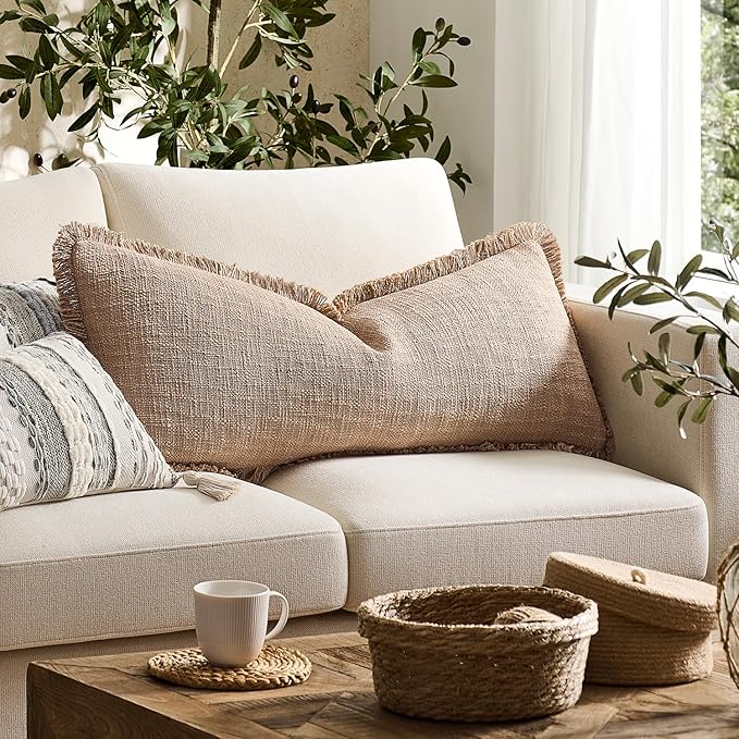 Kevin Textile 14x36 Inch Long Lumbar Pillow Cover 1 Pack Boho Fringe Decorative Rectangle Cushion Case with Tassels Neutral Cotton Woven Textured Farmhouse for Living Room Couch Sofa Bed, Khaki Brown