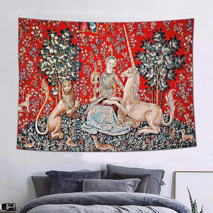 FEASRT Medieval Maiden and Unicorn Tapestry European Royal Tapestry Lion Tapestry, 60x40 Inches Soft Flannelette, Lady and Unicorn for Living Room Bedroom Dorm