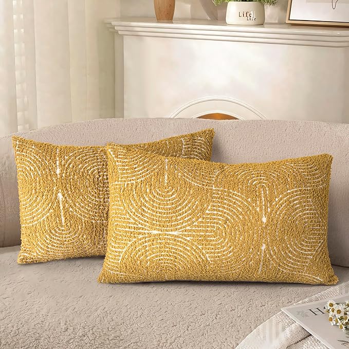 AELS Boho Decorative Textured Throw Pillow Covers 12x20, Organic Modern Mid Century Rainbow Tufted Pillow Case, Farmhouse Rustic Geometric Woven Cushion Case for Bed Couch Sofa, Mustard Yellow