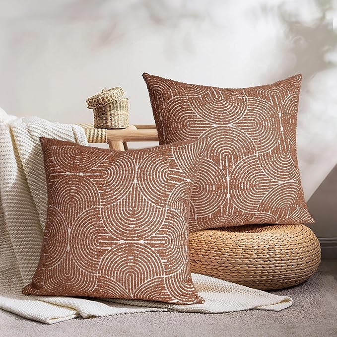 AELS Boho Decorative Textured Throw Pillow Covers 22x22, Modern Mid Century Rainbow Tufted Pillow Case, Farmhouse Rustic Geometric Woven Cushion Case for Bed Couch Sofa, Burnt Orange