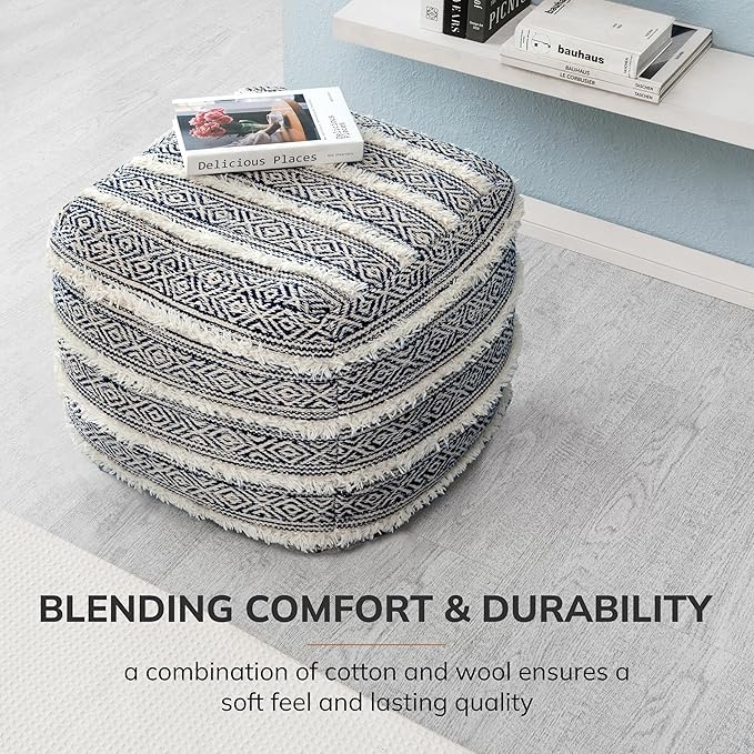 Anji Mountain Pouf Ottoman Foot Rest, Handmade Ottoman Pouf, Comfortable Foot Stool, Decorative Floor Seating for Living Room Decor, Bedroom & Home Décor Accent - Carbon Fringe