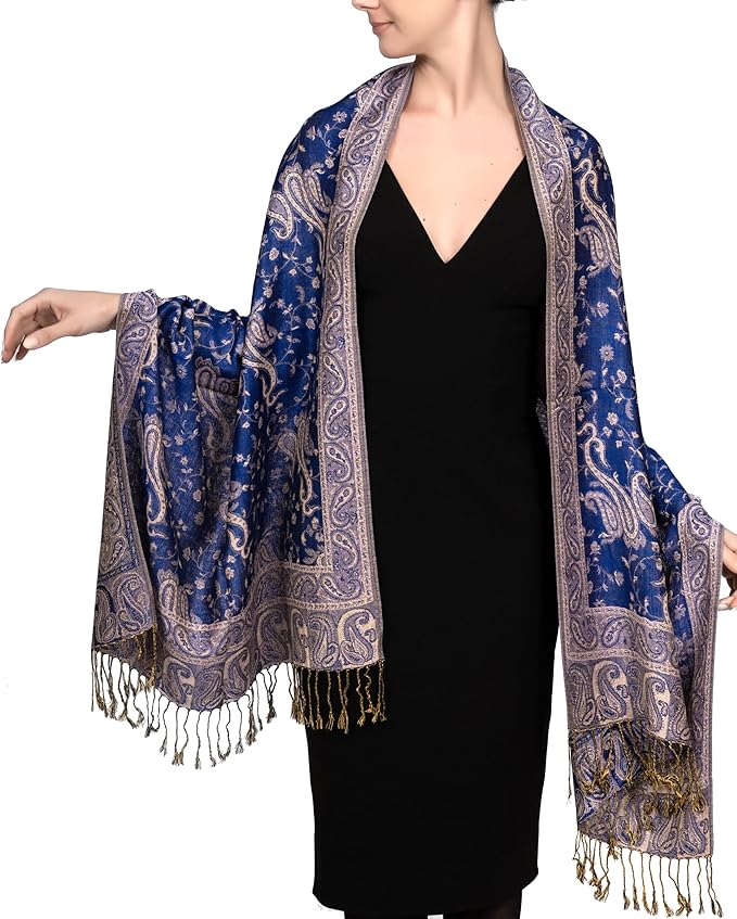 Achillea Reversible Paisley Pashmina Rave Scarf – Exotic Indian Shawls and Wraps for Evening Dresses, Festivals, All Seasons