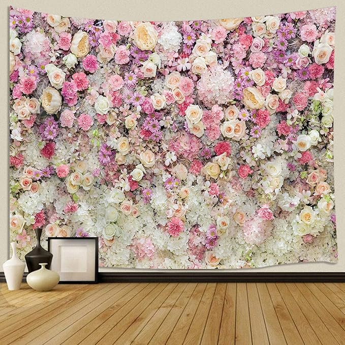 JAWO Floral Wall Tapestry for Girls, Colorful Pink Yellow Rose Flower Wall Hanging for Bedroom, Romantic Spring Aesthetic Beach Blanket College Dorm Home Decor (40" W x 30" H)