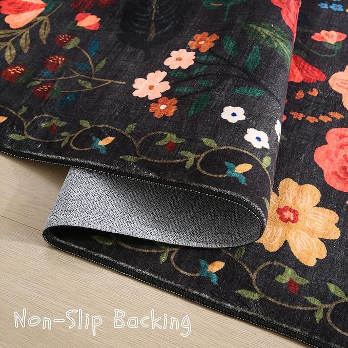 Rugcomf Area Rugs 8x10 Rug for Living Room Clearance Washable Boho Area Rug Non Slip Floral Vintage Low Pile Large Rug for Living Room, Bedroom, Farmhouse, Dining Room, Kids Playroom(Black)