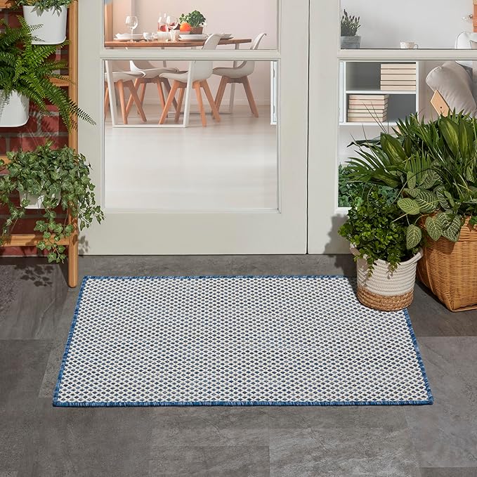 Nourison Home Courtyard Ivory Blue 2' x 3' Area Rug - Easy Clean, Non Shedding, Bed Room, Living Room, Dining Room, Kitchen (2' x 3')