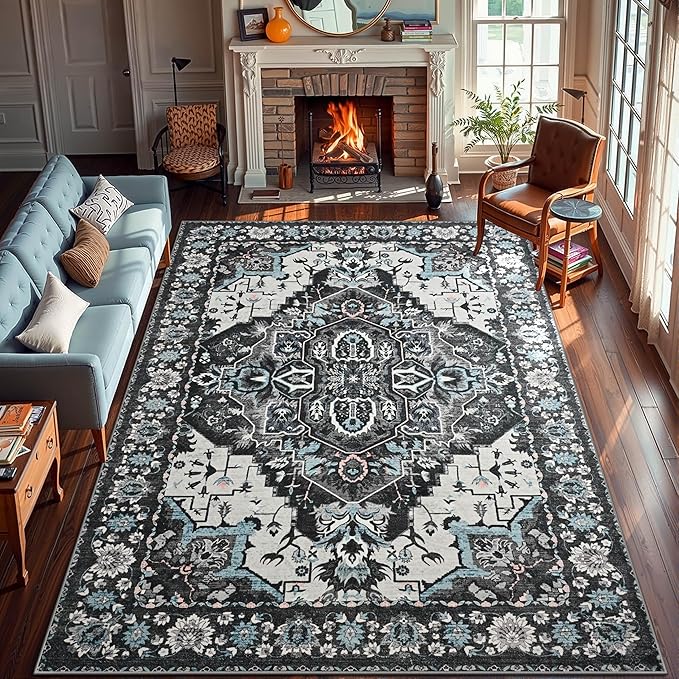 YJ.GWL Area Rugs for Living Room 6x9 Machine Washable Rugs, Non Slip Floral Vintage Rug Indoor Carpet, Stain Resistant Large Rug for Bedroom Dining Room, Black Grey Blue