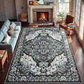YJ.GWL Area Rugs for Living Room 6x9 Machine Washable Rugs, Non Slip Floral Vintage Rug Indoor Carpet, Stain Resistant Large Rug for Bedroom Dining Room, Black Grey Blue